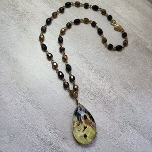 Lenore Solmo Necklace Faceted Glass Pendant on Glass Bead Brasstone 16" Chain